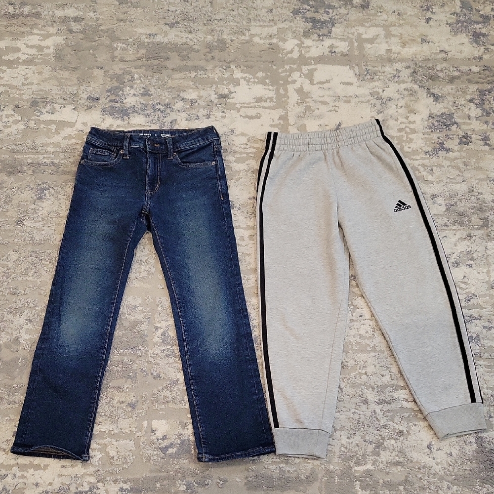Old Navy Blue Jeans And Gray Adidas Sweatpants For Kids.